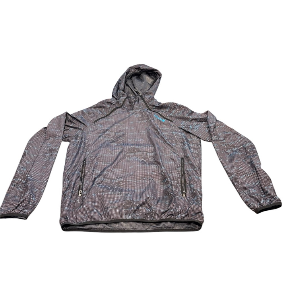 Blue and Gray Jacket with Hood and Water-Resistant Fabric